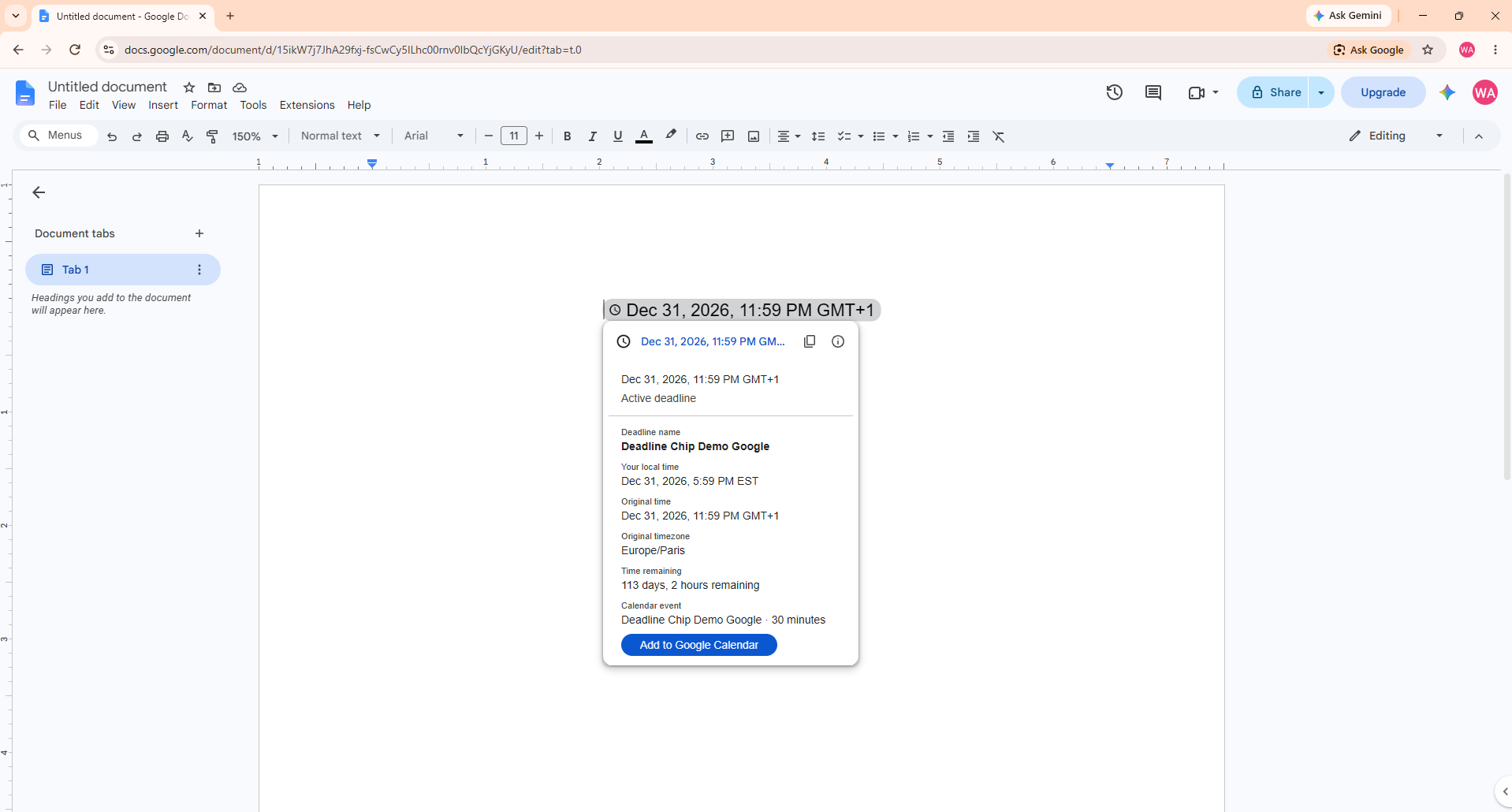 Actual Deadline Chip running inside Google Docs